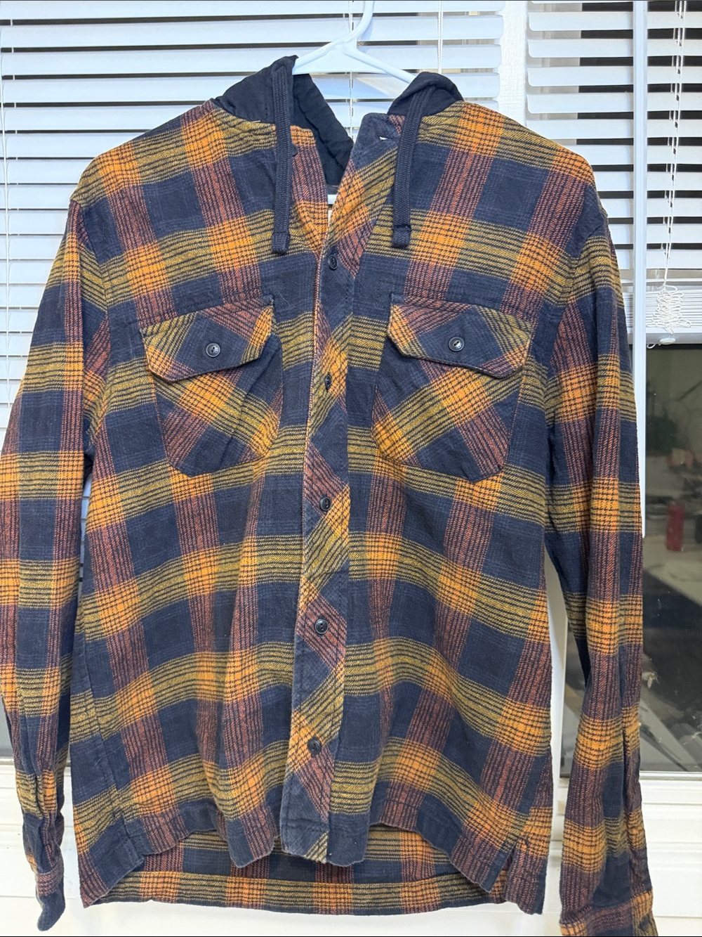 Element Men's M Hooded Plaid Flannel Shirt Jacket Orange Blue Shacket Skate Coat